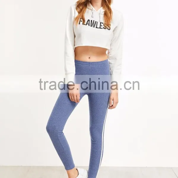 Sexy Basic Raw Hem Crop Tops With Blue Striped Side Leggings Cotton Blends Casual Women Sportwear Jogger photo-5