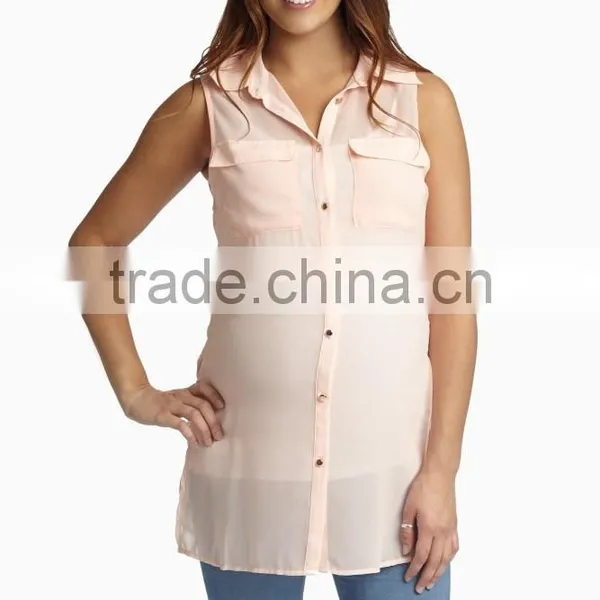 100% Polyester Double Pocket Front Chiffon Blouse for Maternity Nursing Clothes photo-2