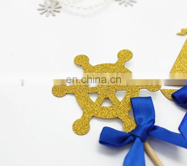 Sea Theme Gold Glitter Topper With Blue Bow Cake Decoration photo-3