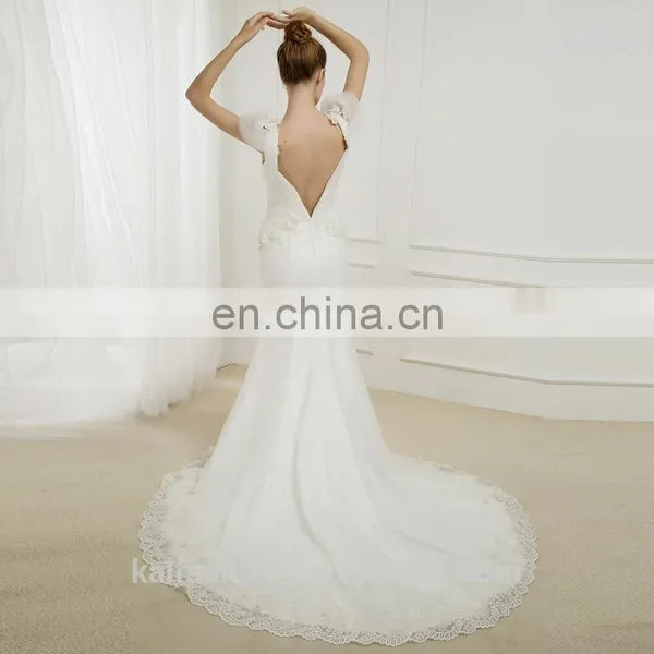 EB2905 Dropped Scoop Cap Sleeve V-neck Diagonal Pleat Criss-cross Sheath Mermaid Wedding Dress photo-2