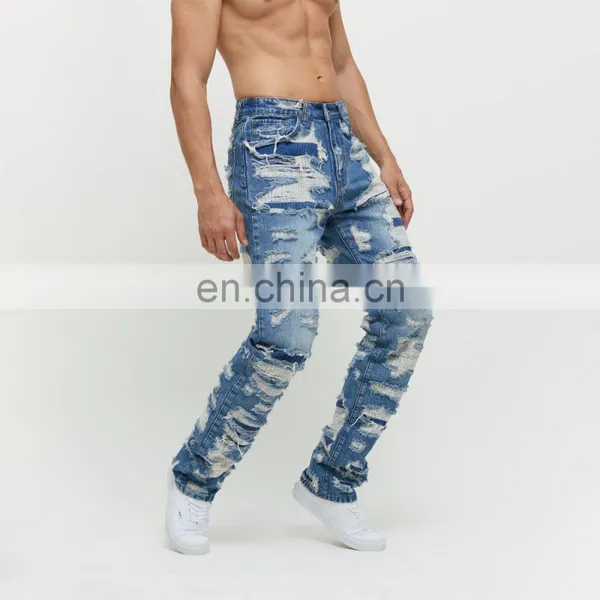 DiZNEW OEM Denim Baggy Pants Distressed Streetwear Ripped Embroidered Mens Jeans photo-3