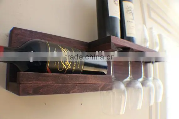 Antique Style Solid Wooden Wine Wall Shelf With Glasses photo-2