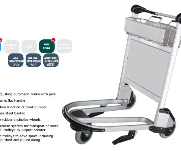 3 Wheels Bearing 250KG Aluminum Alloy Airport Trolley Cart With Automatic Brake