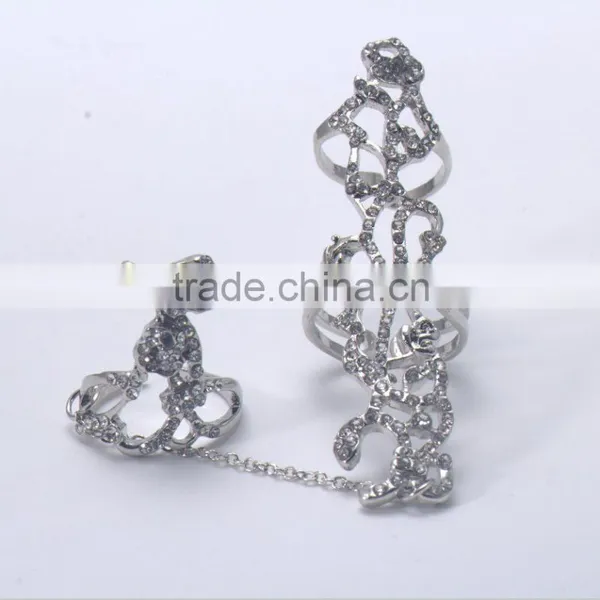 Cheapest Hot Sale Two Finger Rings Rhinestone Stainless Steel Silver Rings photo-5
