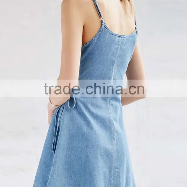 Women's Soft Slim Fit Sleeveless Blue Denim Beach Dress photo-3