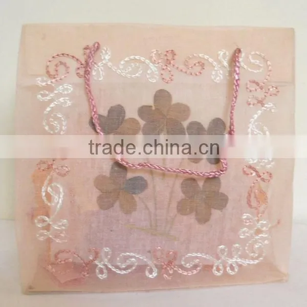 Fine 100% Cotton Organza Bag With Natural Dry Flower Work & Hand Embroidery