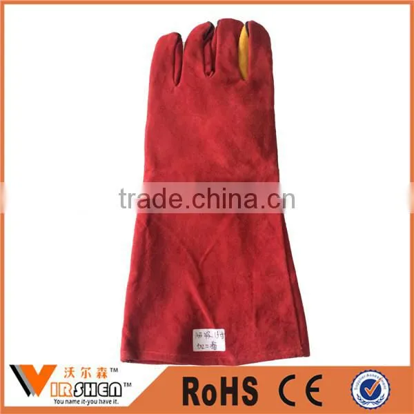 Red Cow Split Soft Textile Leather Long Welding Safety Gloves Fully Lined photo-2