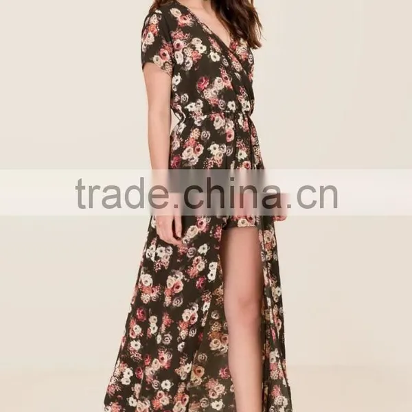 Custom Private Label Fashion Summer Western American Style Adult Woman Floral Print Chiffon Long Skirted Romper photo-3