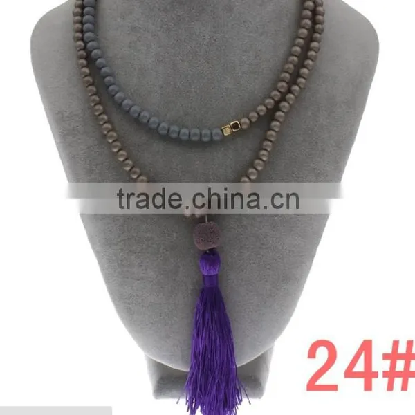 108 Hand Knotted Natural Stone Wooden Beads Mala Tassel Necklace photo-2