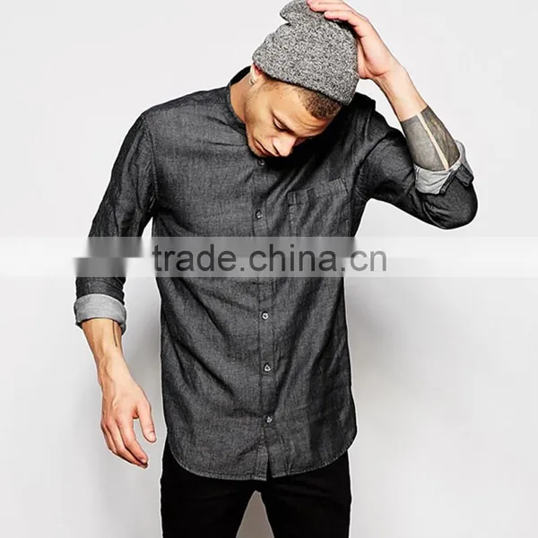 Stone Wash Mens Jean Shirt With Chinese Collar photo-2
