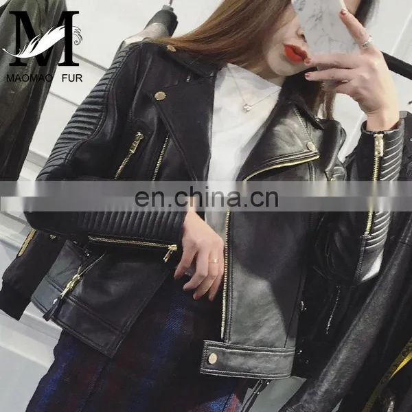 Wholesale Spring Female Long Sleeve Short Beaded Motorcycle Jacket Excelled Leather Jacket photo-2