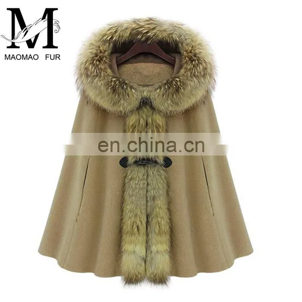 Great Quality Wool Shawl Coat Genuine Raccoon Fur Cape With Fur Hood photo-6