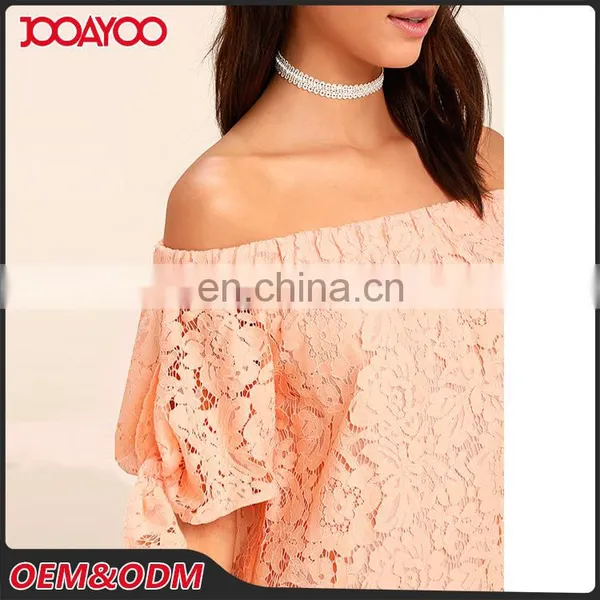 Women New Top Design Lovely Short Sleeve Off-the-Shoulder Peach Lace Top photo-3