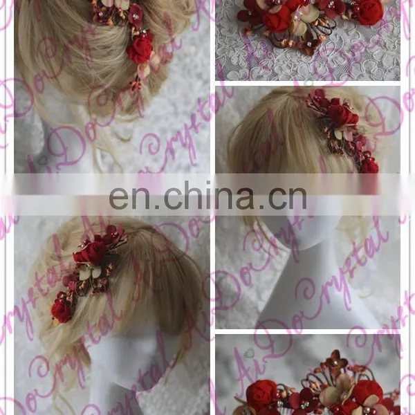 Aidocrystal Marsala Burgundy Hair Accessory Red Floral Hair Comb Hair Flower With Leaves Wedding Fascinators for Women photo-4