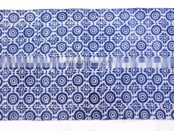 Indian Beautiful Indigo Blue Cotton Block Print Accent Area Dhurrie Rug Woven Weave