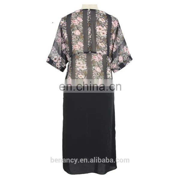2017 New Design Black Floral Embroidered Short Sleeve V Neck Chiffon Woman Dress photo-2