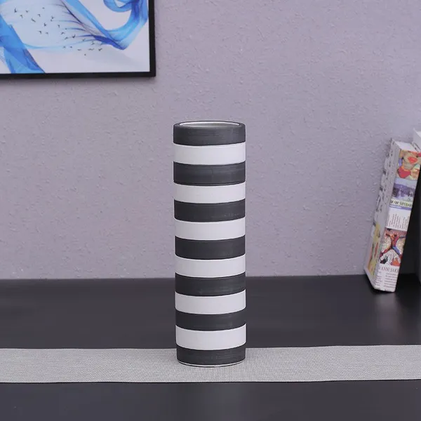 Black And White Stripe Cylinder Brush Pot Nordic Style Ceramic Vase Storage Canister Decoration photo-4
