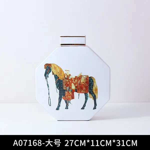 European Simple Style Hexagonal Cylinder Horse Painting Ceramic Flower Vase With Square Lid For Home Decoraration photo-5
