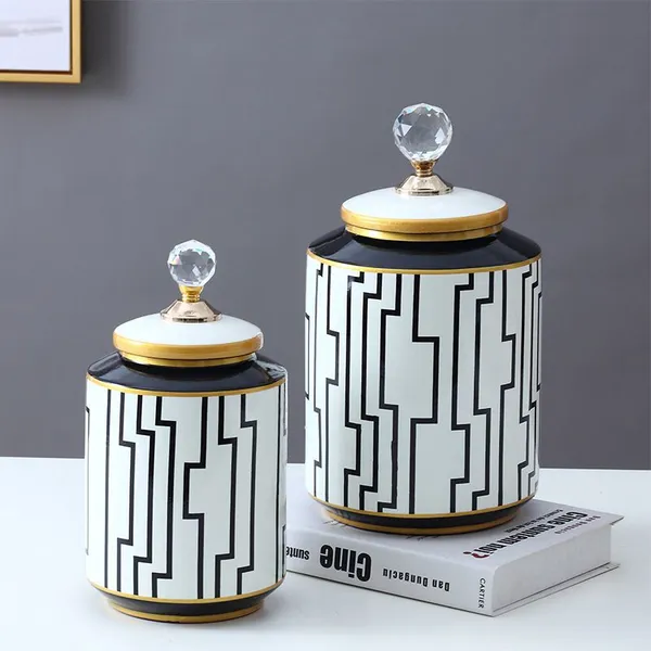 European Simple Style Black Labyrinth Pattern Ceramic Flower Vases With Crystal Lid For Home Decoration photo-5
