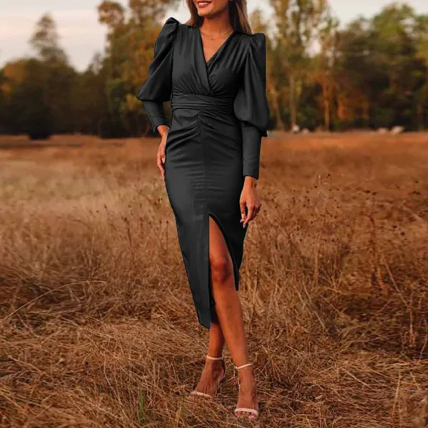 Simple and Generous Solid Color V-neck Split Women Dress photo-4