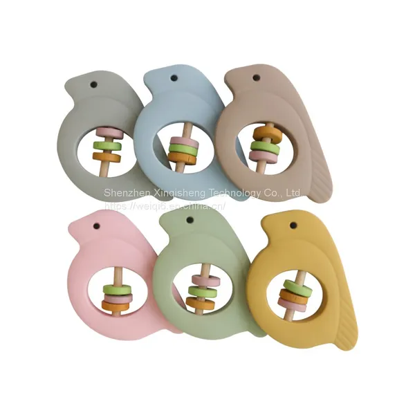 Baby Wooden Bird Bed Rattles Silicone Bird Shape Teether Rodent Baby Rattle Toys Teether photo-3