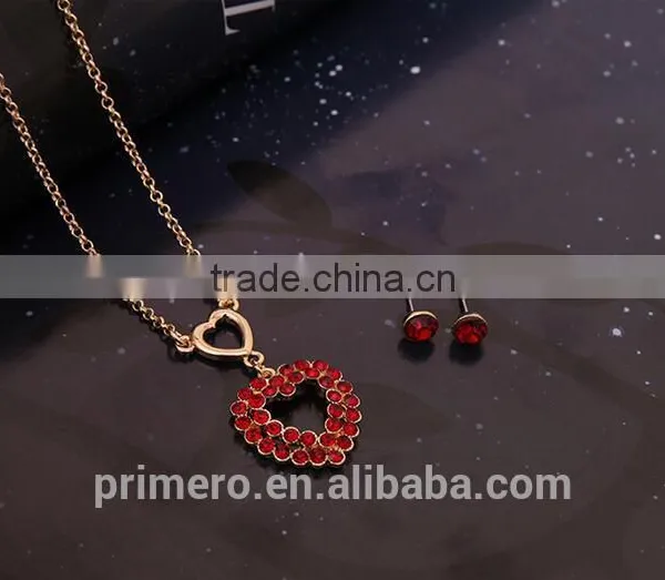 New Arrival High Quality Red Crystal Stone Love Heart Ladies Stud Earrings / Necklaces Jewelry Sets photo-4