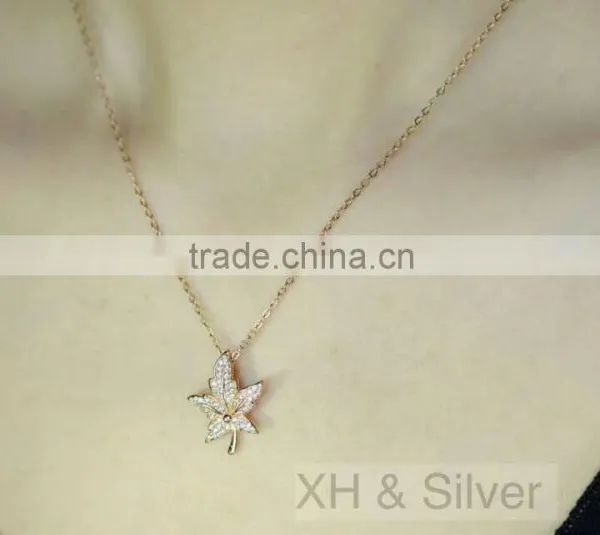 925 Silver Jewelry Rose Plated With Zircon Leaf Silver Pendant Necklace