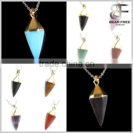 Pyramid Point Shape Agate Amethyst Opal Rose Quartz Crystal Green Aventurine Druzy Stone Necklace Pendant