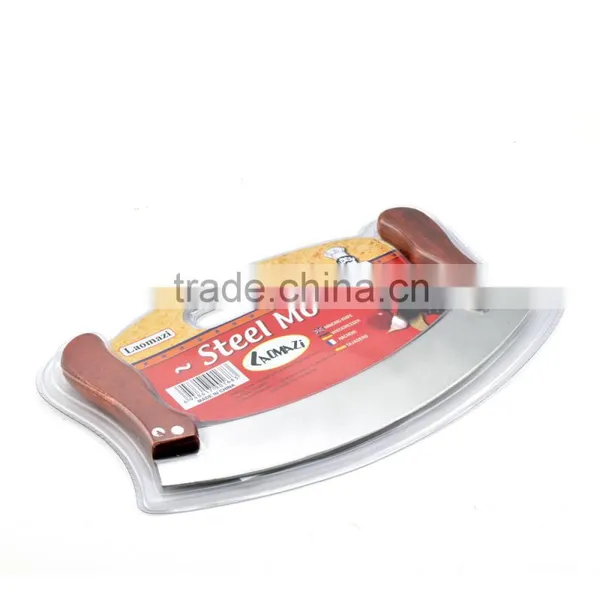 Pizza Cutter Rocker Knife With Stainless Steel Mezzaluna Blade & Wooden Handles;ULU Knife photo-3