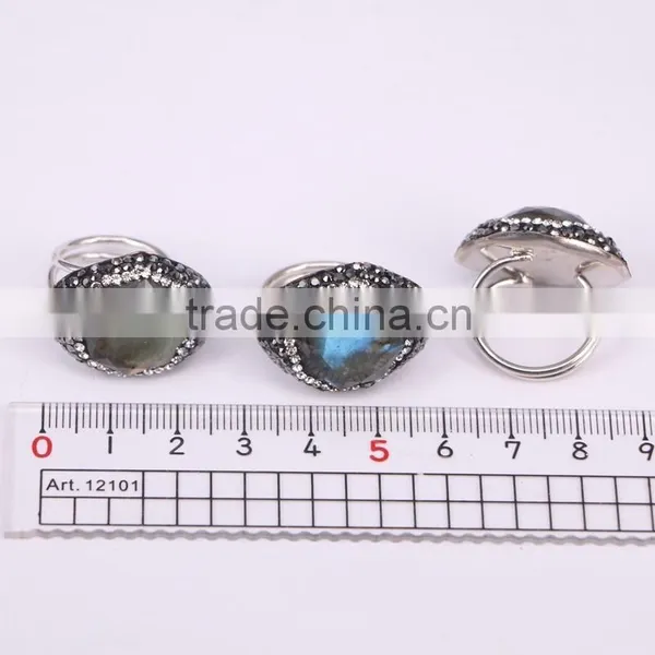 Natural Labradorite Ring, Metal Plated Silver Ring, Pave Setting Crystal Jewelry Finger Druzy Gem Stone Ring photo-4