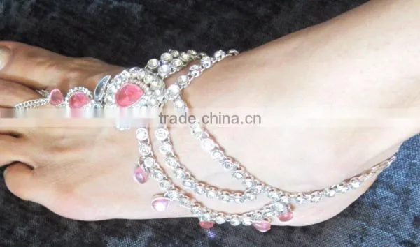 Silver Tone Pink Crystal Pearl Anklets Toe Ring Barefoot Sandal PAYAL photo-2