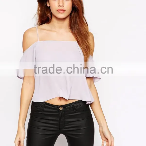 Fashion off the Shoulder Semi Mesh Crop Top Strap Chiffon Tank Top photo-2
