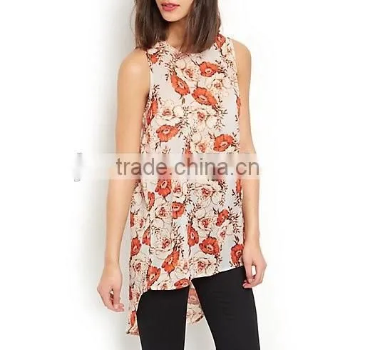 Fashion Trendy Floral Print Dip Hem Shell Loose Top Clothes Women Summer 2015 China