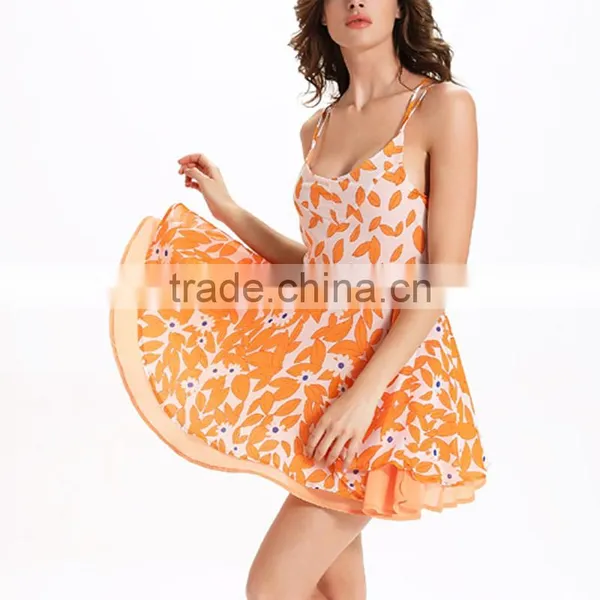 Slip Dress Backless Printed Leaf Pattern New Ladies Fashion Dress Design 2017 Girls Dress photo-3