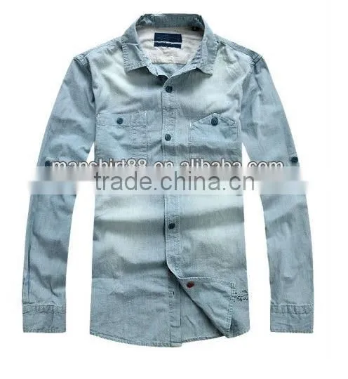100% Cotton Dark Blue Washed Cowboy Long Sleeve Casual Shirts for Men With Two Pockets photo-2