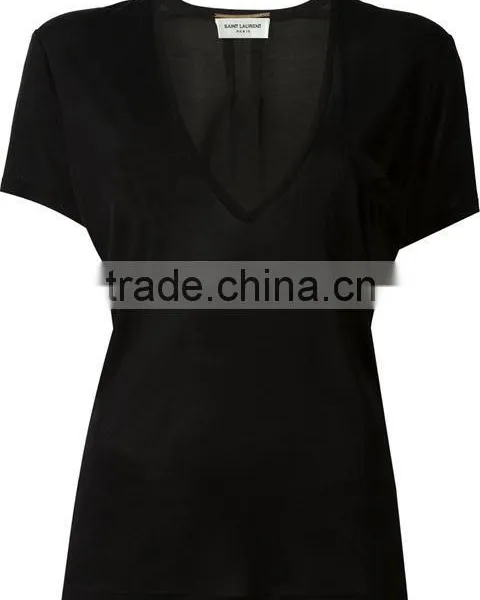 Custom Womens V Neck Blank Plain T Shirts,Pure Black Cotton V Neck T-Shirts For Women photo-2