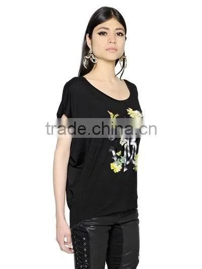 New Latest Design Floral Embroidery T-Shirts for Women,Top Quality Cotton Embroidery Short Sleeve T-shirts photo-3