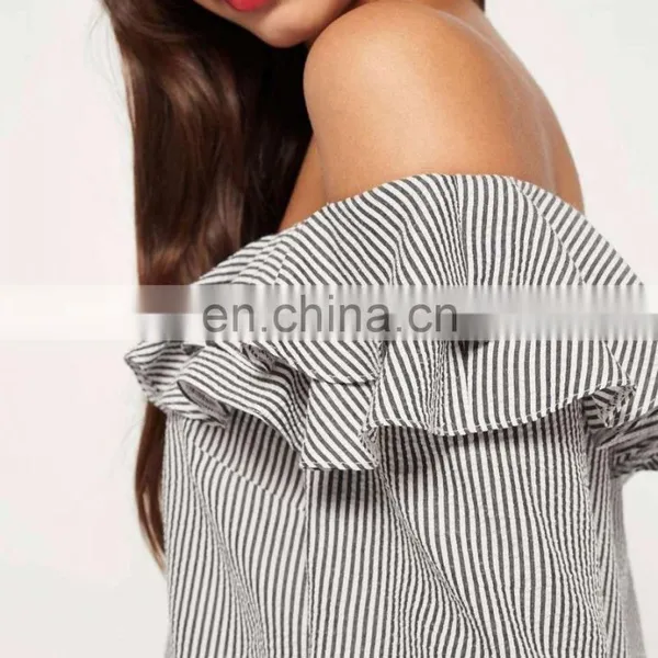 OEM Petite Stripe Chiffon Off Shoulder Top, Latest Design Double Layer Frill Top And Blouse photo-5