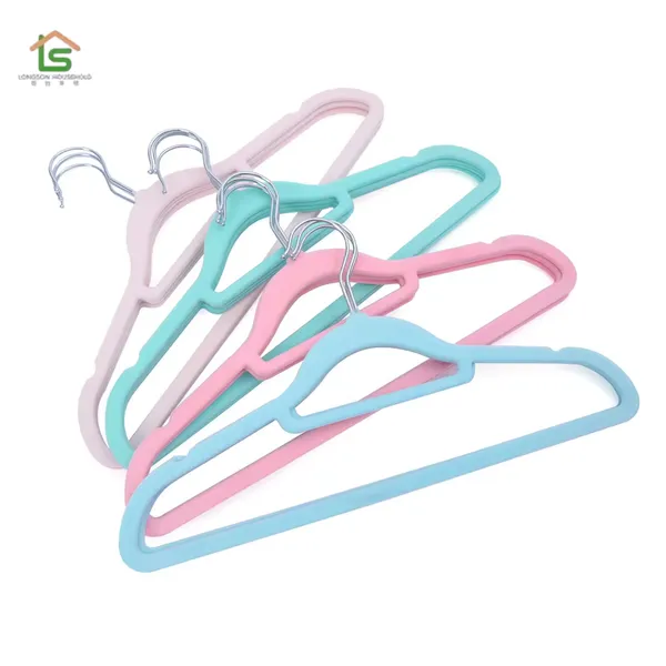 Non Slip High Quality Kids Velvet Plastic Clothes Hangers Metal Hook Multicolour Flocked Suit Coat Clothes Velvet Hangers photo-2