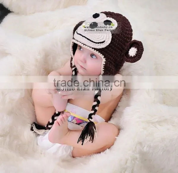 Handmade Animal Crochet Monkey Hat With Ears Baby Beanies photo-2