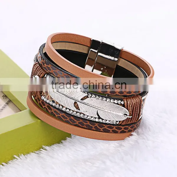 6 Color In Stock Fashion Silver Leaf Charms Vintage Multilayer Crystal Leopard Leather Bracelet photo-3