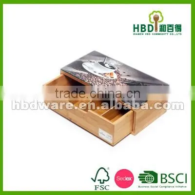 Bamboo Tea Bag Box With Image and Glass