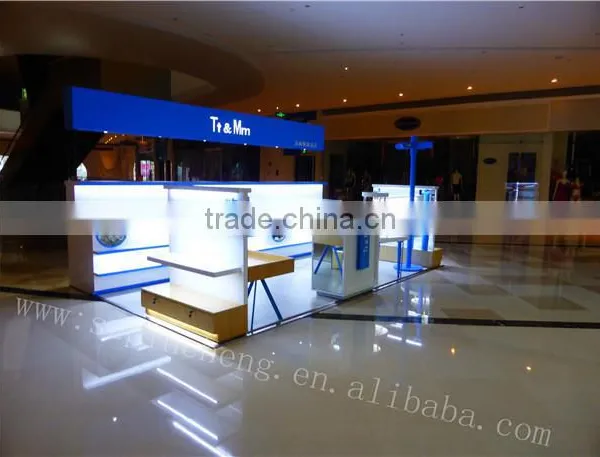 customized wooden baking painted shopping center shoes display kiosk design with LED light