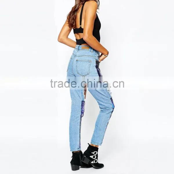 Hot Sex Funky Bling Bling Hollow Out Damaged Jeans for Girls photo-2