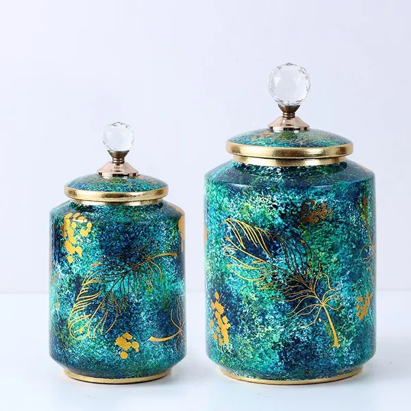 European Classic Style Green Leaf Painting Ceramic Flower Vase With Crystal Lid For Hallway Decoration photo-5