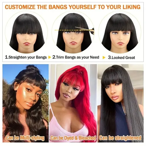 Long Bob Wig Loose Body Wave Wig With Bangs Brazilian Remy 100% Human Hair Wigs For Black Full Machine Glueless Wavy Bob Wigs photo-3
