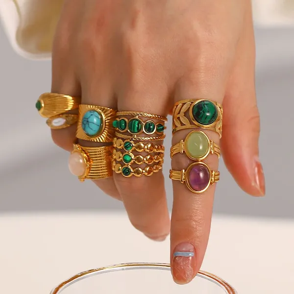 Vintage Gold Plated Gemstone Rings Set for Women Adjustable Stackable Boho Rings Stainless Steel Fashion Jewelry Wholesale photo-3