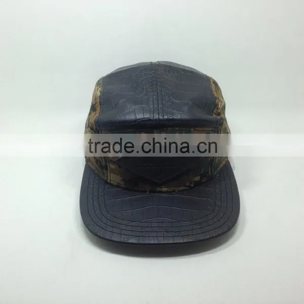 High Quality Flat Brim Black Leather 5 Panel Hat With Label photo-2