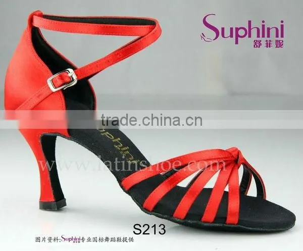Suphini Ladies Red Satin Black Leather Sole Dance Latin Shoes Wholesale photo-3