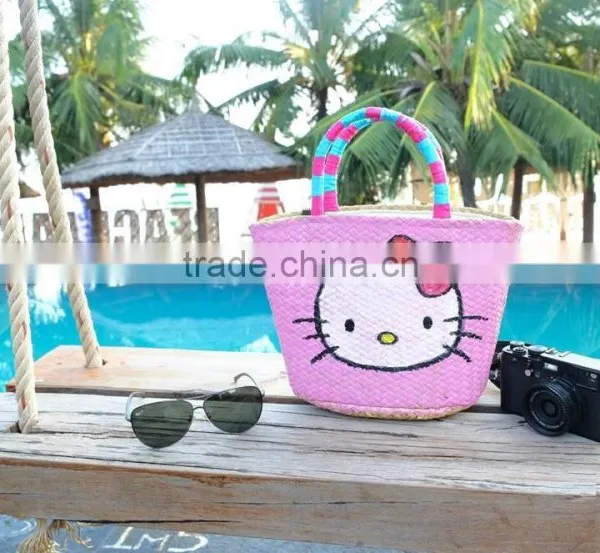 Eco-friendly Short Handle, Pink Baby Straw Woven Beach Bag, Tote Bag Beach photo-4
